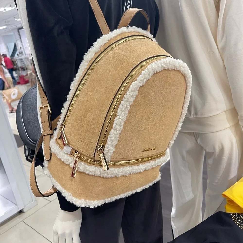 MICHAEL KORS Rhea Medium Suede and Faux Shearling Backpack Peanut  NWT